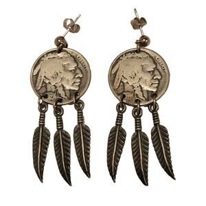Vintage Indian Head Post Earrings 3 Feathers